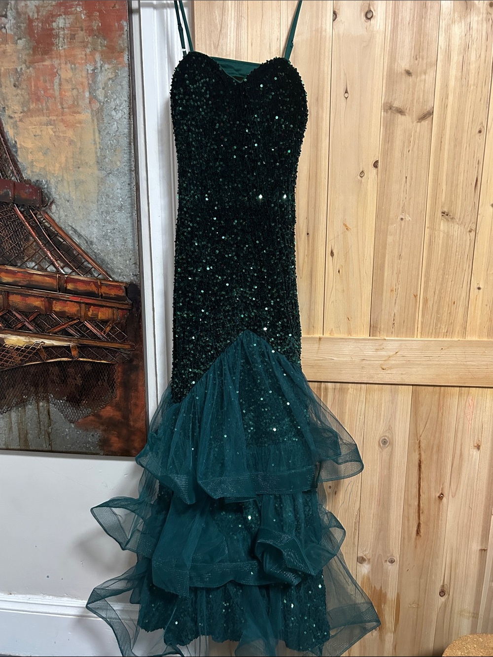 Dark Emerald Sequin Mermaid Prom Dress with Ruffle Tulle Hem